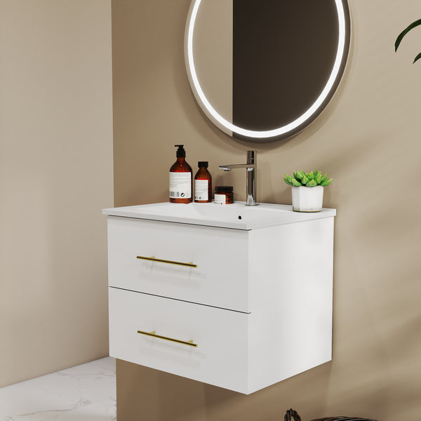 English Elm 24-Inch Wall-Mounted Vanity With Ceramic Sink, Dual Drawers, Gold Handles, Space-Saving Design W3151S00038