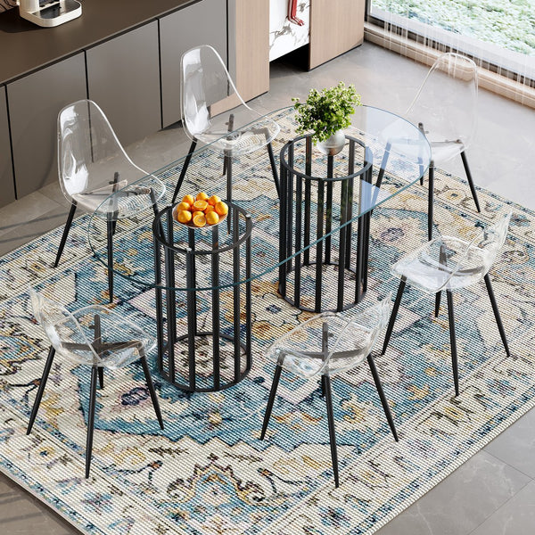 English Elm Table Oval Tempered Glass Dining Set Seats Six with Transparent Acrylic Chairs Luxe Style W1151S04761