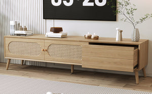 English Elm Boho Rattan-Style TV Stand for TVs up to 80" — Modern Farmhouse Media Console with Storage Drawer and Cable Management N710P222775P