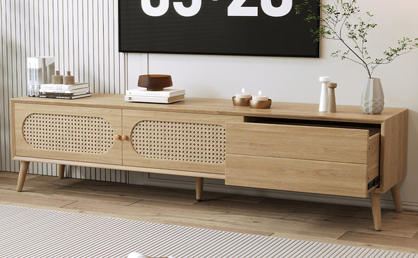 English Elm Boho Rattan-Style TV Stand for TVs up to 80" — Modern Farmhouse Media Console with Storage Drawer and Cable Management N710P222775P