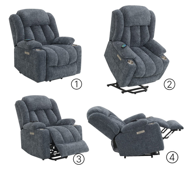 English Elm Blue Power Lift Recliner Chenille with Heat, Massage & Lift Assist — Remote Control, Plush Comfort B062P215447