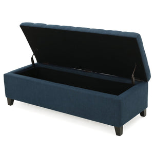 English Elm Upholstered Boucle Storage Bench Soft Close Flip Top Rubberwood Legs Bedroom Entryway Navy Blue N779P395018N