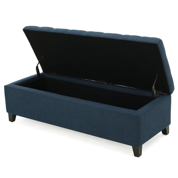 English Elm Upholstered Boucle Storage Bench Soft Close Flip Top Rubberwood Legs Bedroom Entryway Navy Blue N779P395018N