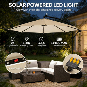 English Elm Garden Cantilever Patio Umbrella with Solar Led Lights and Upf30 Polyester Canopy Cream White T3971P481960