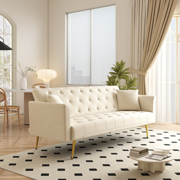 English Elm Modern Tufted Velvet Sleeper Sofa Retro Style Convertible Fold Flat for Compact Spaces Beige W2353P399441
