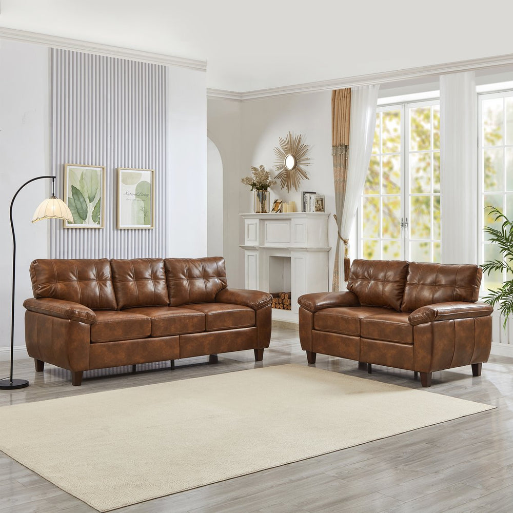 English Elm 2 Piece Pu Leather Sofa Set Tufted Cushions Hidden Storage Modern Living Room Brown W1097S00251
