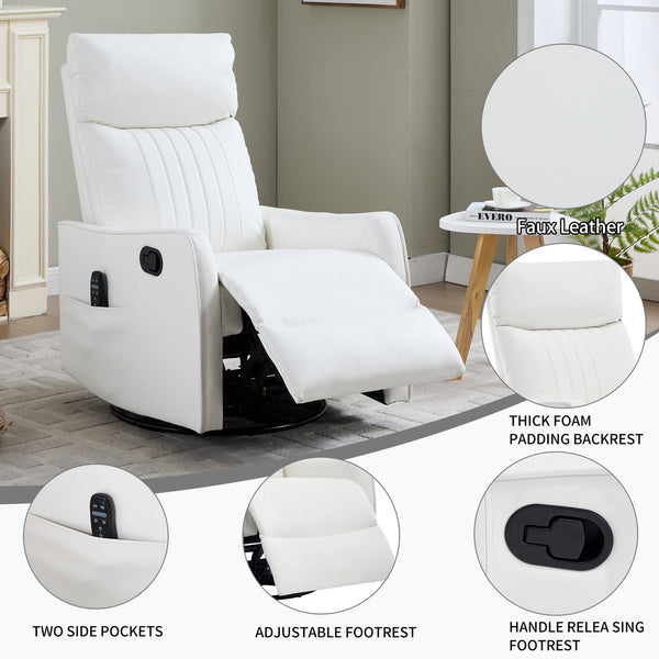 English Elm Beige Fabric Swivel Rocker Recliner with Massage Nodes and Lumbar Heat for Living Room White W1803P363432