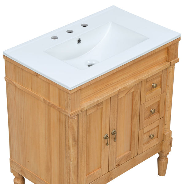 English Elm 30-inch Freestanding Bathroom Vanity Solid Wood Base Ceramic Sink Gold Hardware N729P299368N