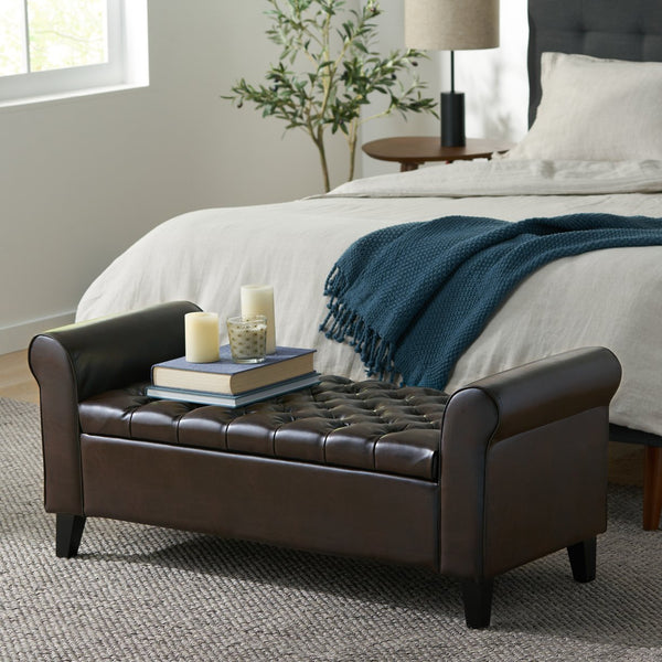 English Elm Brown Tufted Linen Storage Bench with Rolled Arms for Bedroom or Entryway N770P372389D