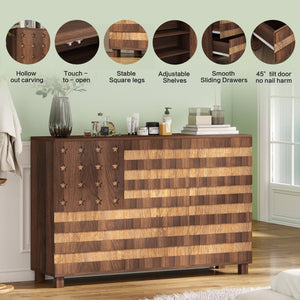 English Elm 55" Solid Walnut Buffet Sideboard Hand Carved Artisan Cabinet with Drawers and Doors W2977S00001