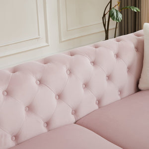 English Elm Fx Chesterfield Velvet Sofa with Diamond Tufting Polished Legs and Accent Pillows Pink W1926S00082