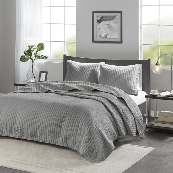JLA Home Madison Park - 2 Reversible Quilt Set with Pick-Stitch Channel Quilting, Soft Brushed Microfiber & Antimicrobial Finish Grey MP13-1237