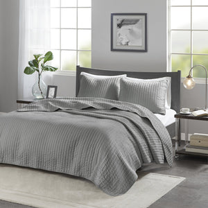 JLA Home Madison Park - 3 Keaton Reversible Quilt Set - Brushed Microfiber, Pick-Stitch Channel Quilting, Antimicrobial Comfort Grey MP13-1239