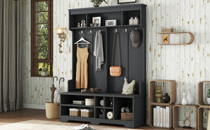 English Elm Modern Hallway Hall Tree with Bench, 6 Metal Hooks & Shoe Cubbies, Spacious Entryway Organizer Black W1580P327017