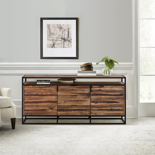 English Elm Ulera Acacia 3-Drawer Sideboard Buffet with Black Metal Frame — Durable, Weatherproof Storage for Home B2736P354398