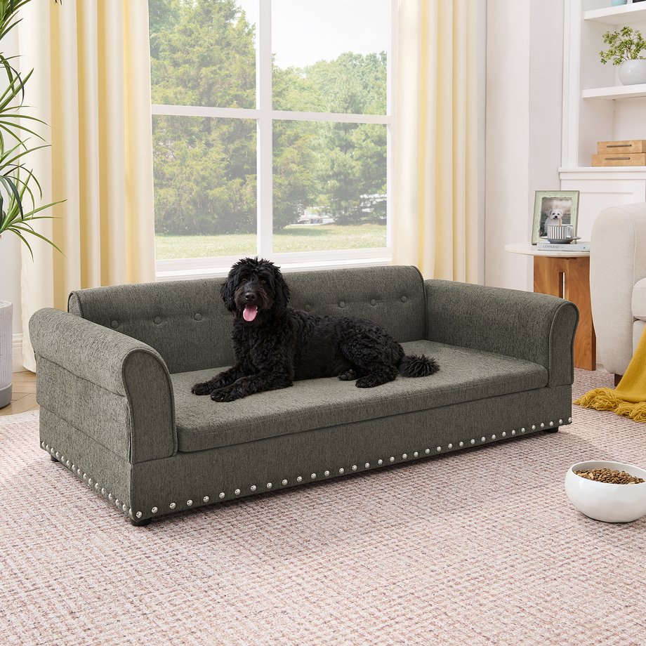English Elm Oversized Dog Sofa Bed in Linen with Rubberwood Frame Armrests and Backrest Support W487P430329
