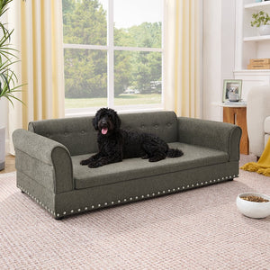 English Elm Oversized Dog Sofa Bed in Linen with Rubberwood Frame Armrests and Backrest Support W487P430329