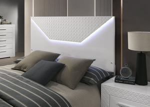 English Elm White Glam Queen Bed with High-Gloss Finish and LED Headboard, Engineered Wood Modern Design White 83 L x 34.5 W x 6 H B2741S00162
