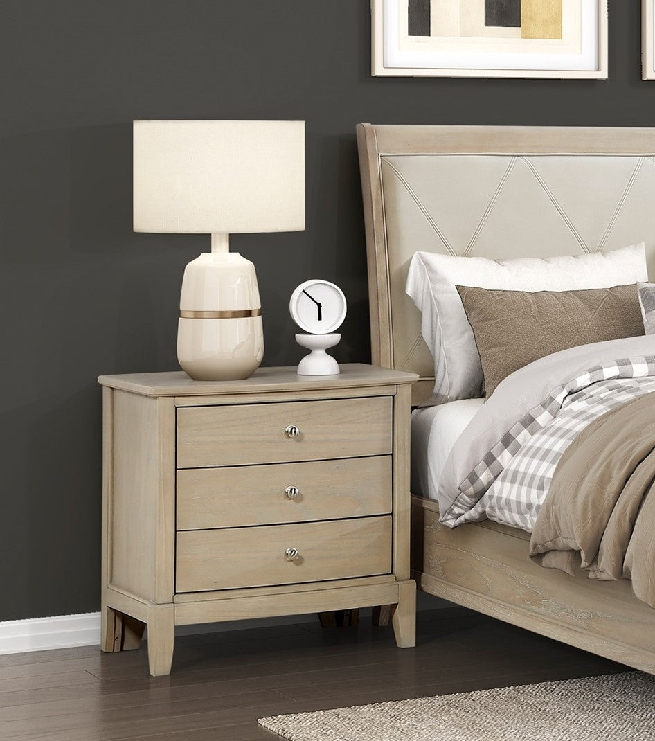 English Elm Classic Farmhouse Three-drawer Nightstand Mindy Veneer Distressed Beige Bedside Storage B011P416544
