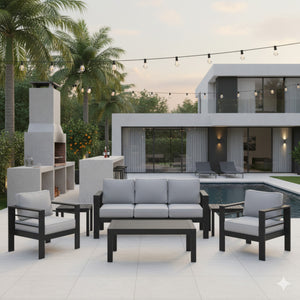 English Elm All-weather Outdoor 4 Piece Iron Conversation Set with Olefin Cushions and Wood Grain Table Light Gray B082S00105