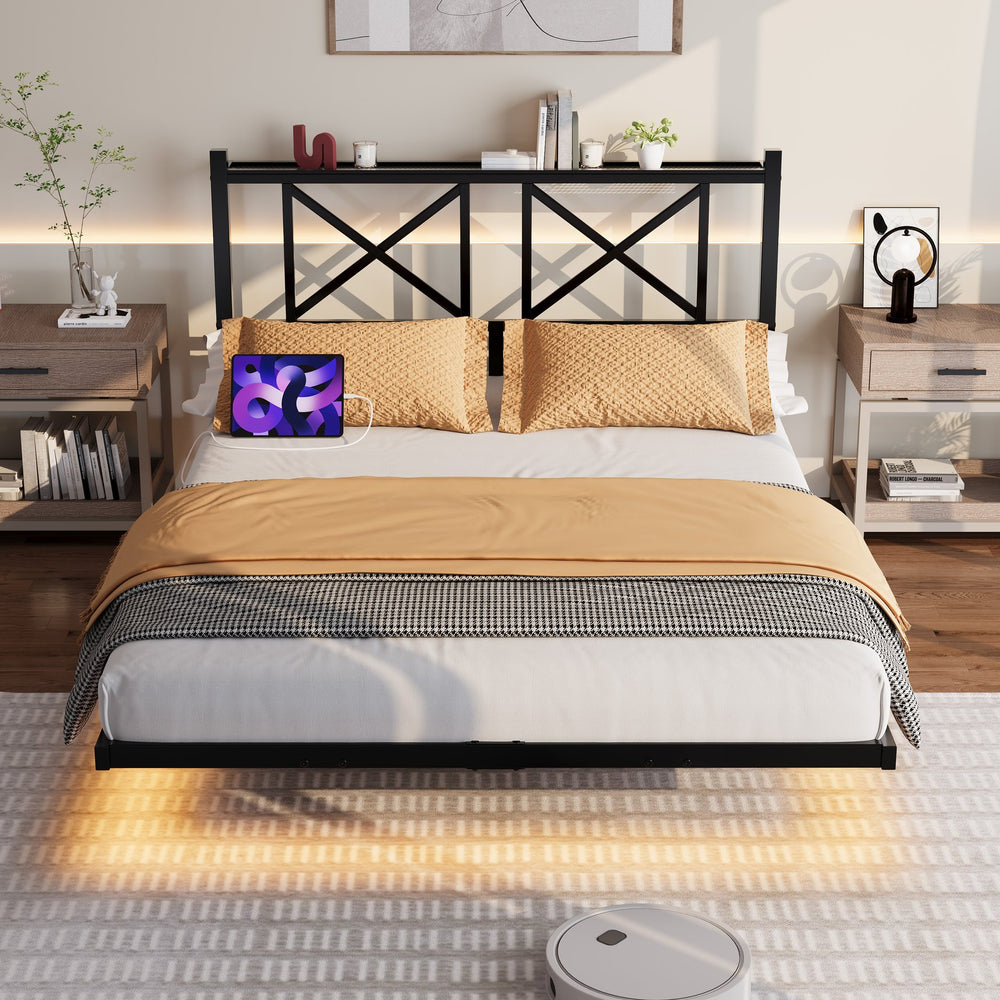 English Elm Full Size Floating Platform Bed with Led Underglow Usb Charging and Storage Headboard W840P383353