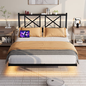 English Elm Full Size Floating Platform Bed with Led Underglow Usb Charging and Storage Headboard W840P383353