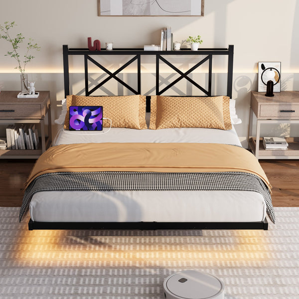 English Elm Full Size Floating Platform Bed with Led Underglow Usb Charging and Storage Headboard W840P383353