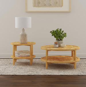 English Elm Round Wooden End Table With Shelf - Modern Farmhouse Style, Maple Brown Finish For Cozy Living Spaces B016P378134-GIGA