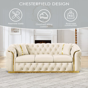 English Elm 2pcs Italian Velvet Chesterfield Sofa Set Tufted Three Seater with Gold Steel Legs Beige W1191S00068