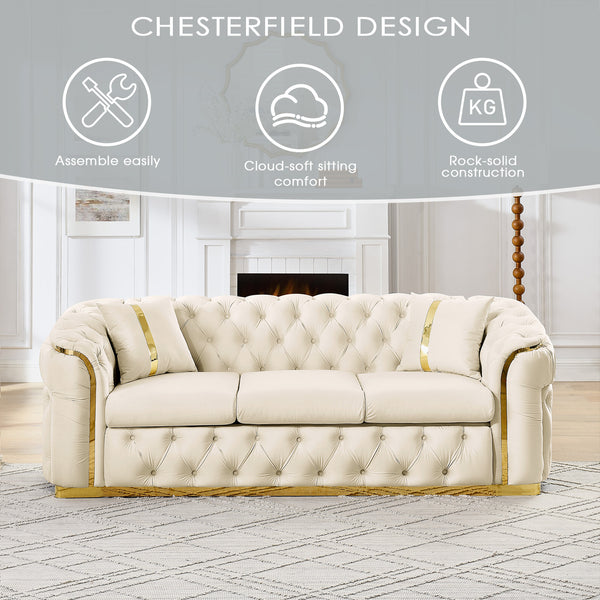 English Elm 2pcs Italian Velvet Chesterfield Sofa Set Tufted Three Seater with Gold Steel Legs Beige W1191S00068