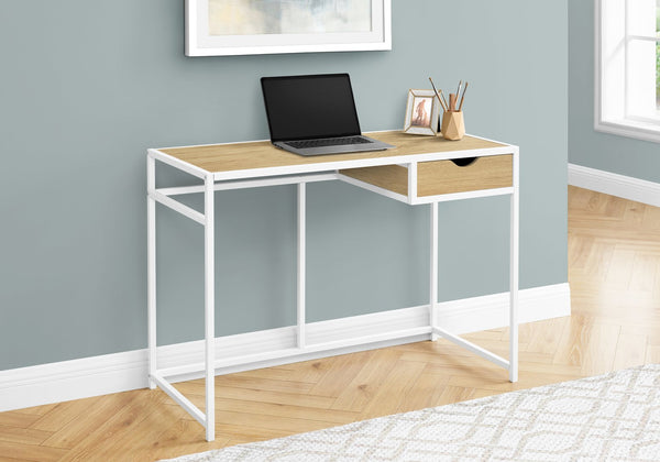 English Elm Computer Desk with Slim White Metal Frame and Single Drawer for Compact Home Office, 42" L Natural 44 L x 22 W x 5 H B2710P219852