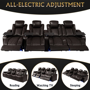 English Elm 124.4"power Reclining Sectional Nappa Leather Home Theater Rgb Led 4 Seat W3819S00105