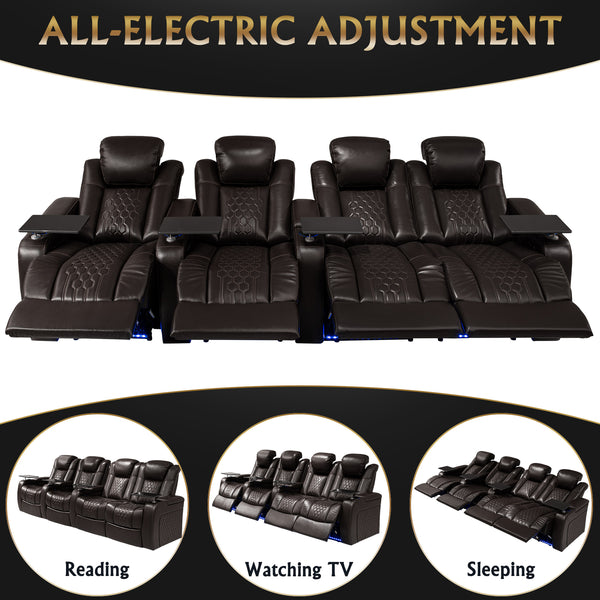 English Elm 124.4"power Reclining Sectional Nappa Leather Home Theater Rgb Led 4 Seat W3819S00105