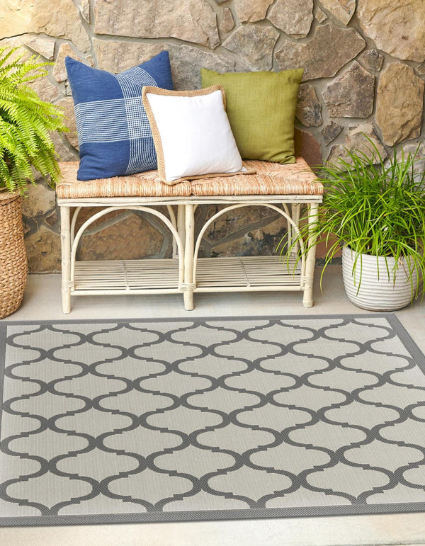Unique Loom Outdoor Trellis Moroccan Machine Made Geometric Rug Gray, Silver 6' 1" x 6' 1"