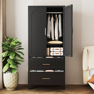 English Elm 71" Steel Wardrobe with Hanging Rod Two Drawers and Shelf for Compact Bedroom W3387P411306