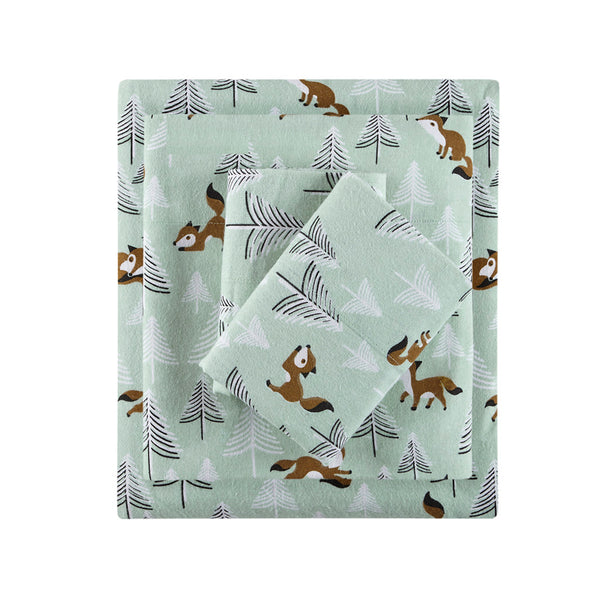 JLA Home Intelligent Design - 100% Cotton Flannel Sheet Set – Ultra-Soft 135gsm Pigment Print for Warmth, Breathable Comfort & Lasting Color Seafoam Foxes ID20-1548