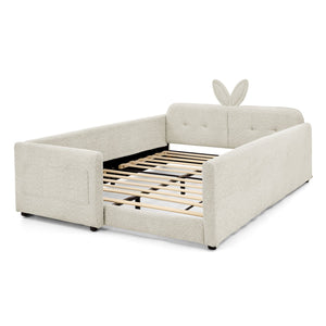 English Elm Full Size Boucle Platform Bed Whimsical Rabbit Ear Headboard with Safety Rail Beige W1413S00135