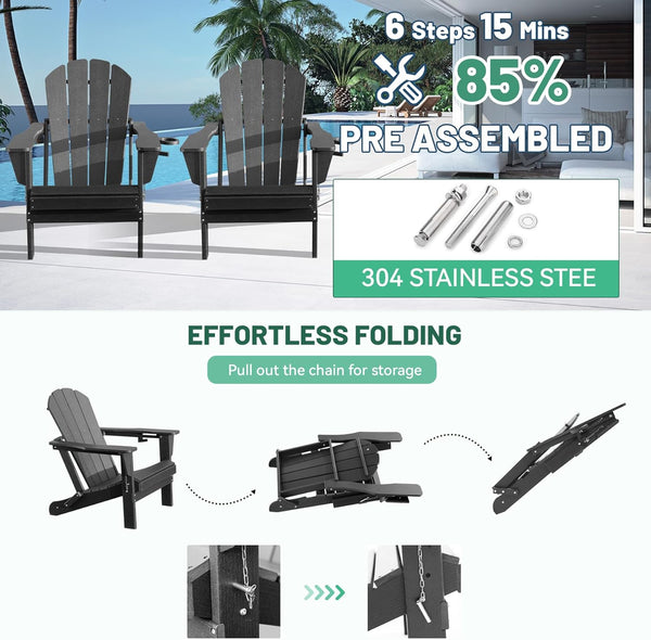 English Elm Adirondack Hdpe Folding Chair Set Outdoor Patio Fire Pit Seating with Cup Holder Gray W1859P453297