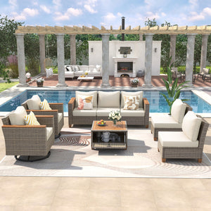 English Elm K&k 8 Piece Outdoor Wicker Sectional Set with Swivel Rockers and Acacia Storage Table Beige+Brown N707S005016Z