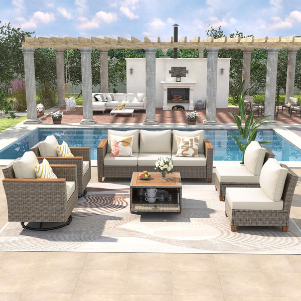 English Elm K&k 8 Piece Outdoor Wicker Sectional Set with Swivel Rockers and Acacia Storage Table Beige+Brown N707S005016Z