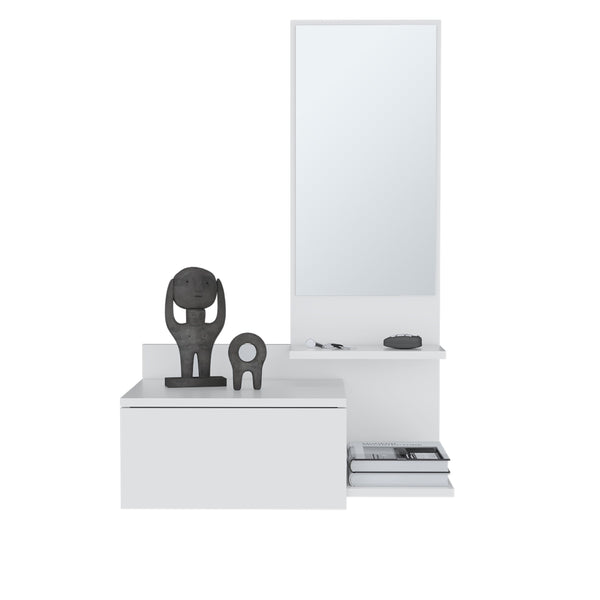 English Elm Floating Hallway Cabinet with Mirror and Drawer, 3 Open Shelves, Space-Saving Modern Entryway Storage White 31.5 L x 18.11 W x 5.91 H B097P250896