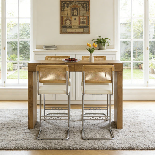 English Elm 4-piece Bar Set with Wood Grain Table Two Storage Drawers and Pu Leather Cushioned Stools W2920S00114