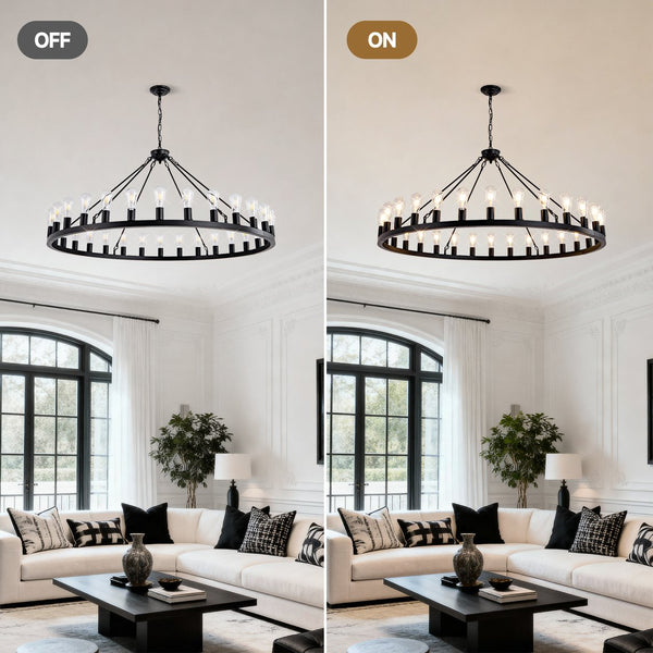 English Elm 64 Inch Wagon Wheel Chandelier Matte Black Farmhouse 30 Light Powder Coated Ring W5008P392688