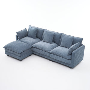 English Elm Beige Chenille Sectional Sofa with Modular Ottoman for Living Room or Studio Blue W2603S00007