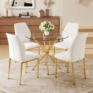 English Elm 4-Piece Modern Luxe Dining Set With Round Glass Table & Elegant White-Gold Chairs For Stylish Interiors W1151S03685