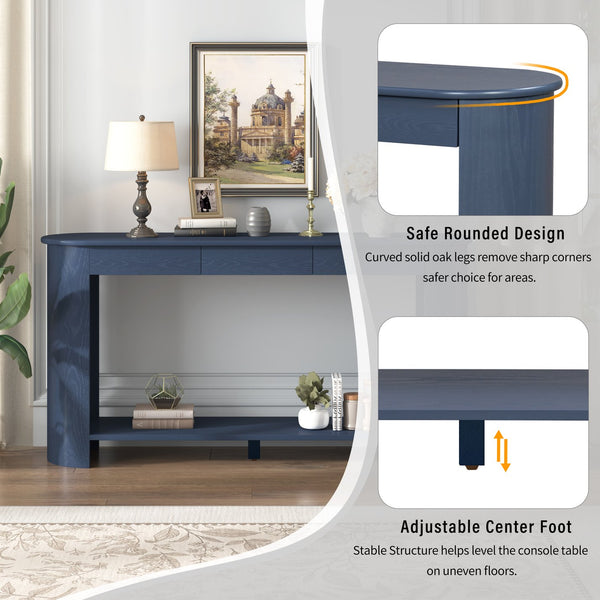 English Elm U_style Oak Veneer Console Table with 3 Drawers Open Shelf Entryway Hallway Storage Navy Blue N711P395523C