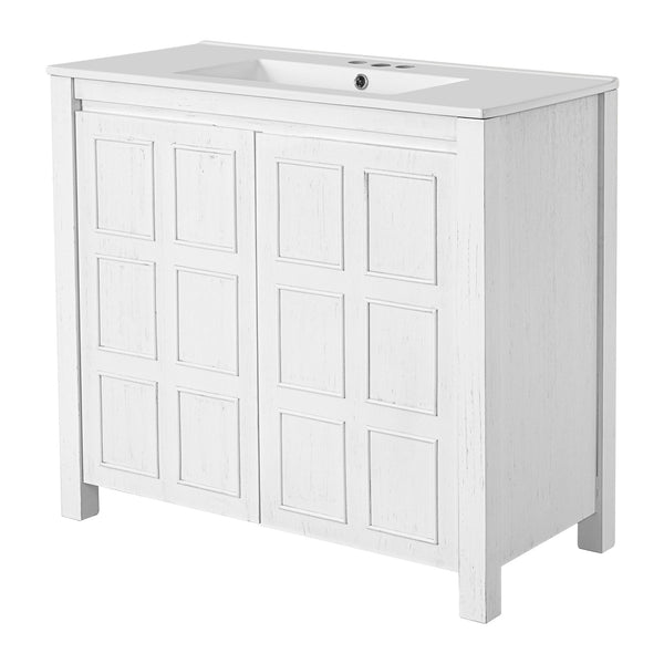 English Elm 36" Bathroom Vanity Organizer with Ceramic Sink, Solid Wood Distressed Finish, Hand-Painted Charm and Ample Storage Antique White N729P255666K