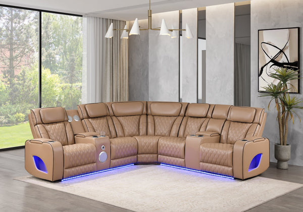 English Elm Fortuner Faux Leather Power Reclining Sectional with Led Lighting and Bluetooth Speakers B009S02224