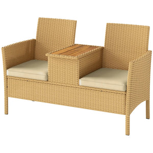 English Elm Patio Loveseat with Flip Top Acacia Table Pe Rattan Balcony Sofa Hidden Storage T3971P446177
