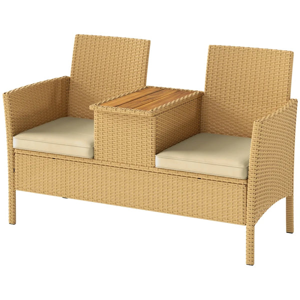 English Elm Patio Loveseat with Flip Top Acacia Table Pe Rattan Balcony Sofa Hidden Storage T3971P446177